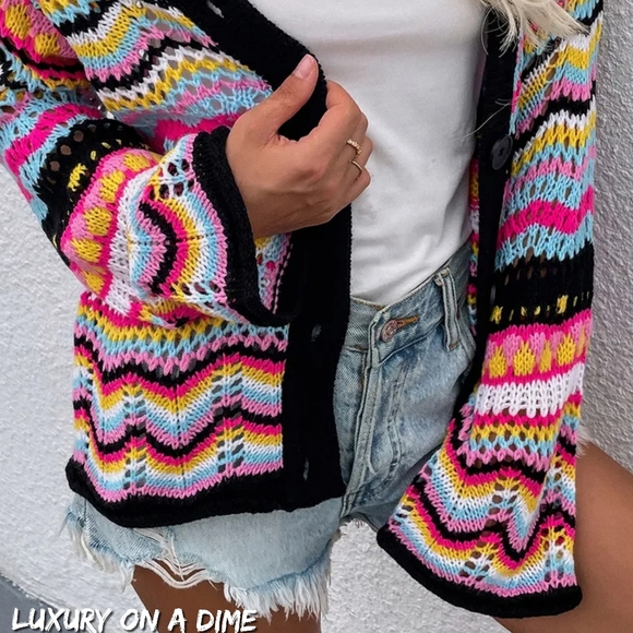 Bright Chevron Stripe Openwork Knit Button Front Long Sleeve Retro Cardigan Pink - Picture 3 of 6